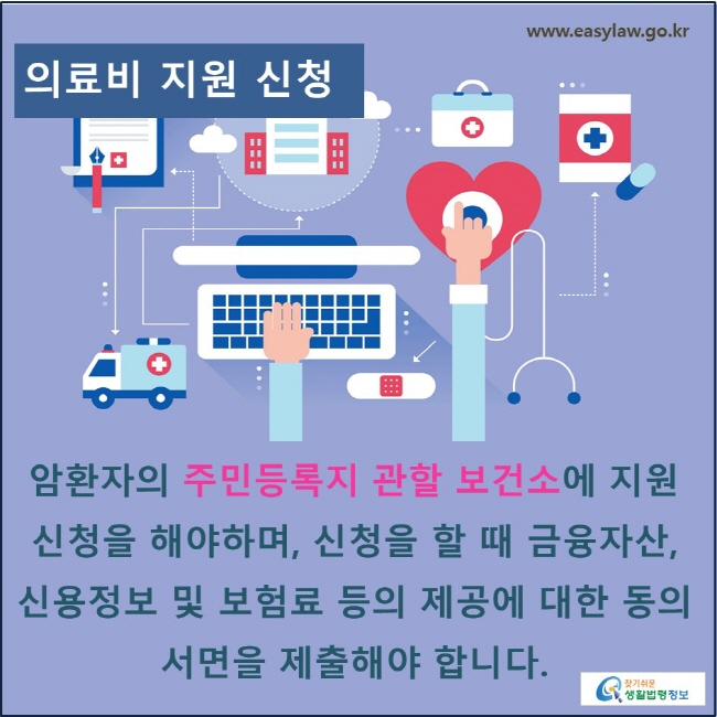 의료비 지원 신청: 암환자의 주민등록지 관할 보건소에 지원 신청을 해야하며, 신청을 할 때 금융자산, 신용정보 및 보험료 등의 제공에 대한 동의 서면을 제출해야 합니다.

