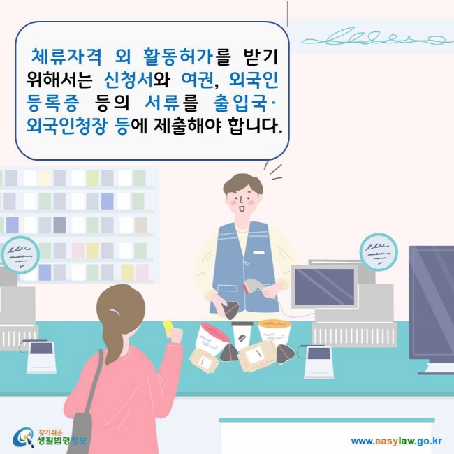 체류자격 외 활동허가를 받기 위해서는 신청서와 여권, 외국인등록증 등의 서류를 출입국·외국인청장 등에 제출해야 합니다. 찾기쉬운생활법령정보 로고 www.easylaw.go.kr