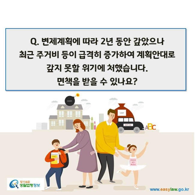 www.easylaw.go.kr Q. 변제계획에 따라 2년 동안 갚았으나 최근 주거비 등이 급격히 증가하여 계획안대로 갚지 못할 위기에 처했습니다. 면책을 받을 수 있나요?