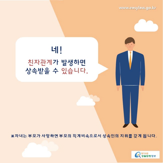 찾기쉬운생활법령정보 www.easylaw.go.kr 
네! 친자관계가 발생하면 상속받을 수 있습니다. 
※자녀는 부모가 사망하면 부모의 직계비속으로서 상속인의 지위를 갖게 됩니다. 