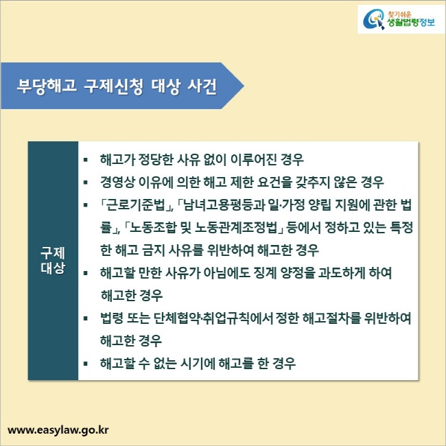 부당해고 구제신청 대상 사건_구제 대상

● 해고가 정당한 사유 없이 이루어진 경우
● 경영상 이유에 의한 해고 제한 요건을 갖추지 않은 경우
● 「근로기준법」, 「남녀고용평등과 일·가정 양립 지원에 관한 법률」, 「노동조합 및 노동관계조정법」 등에서 정하고 있는 특정한 해고 금지 사유를 위반하여 해고한 경우
● 해고할 만한 사유가 아님에도 징계 양정을 과도하게 하여 해고한 경우
● 법령 또는 단체협약·취업규칙에서 정한 해고절차를 위반하여 해고한 경우
● 해고할 수 없는 시기에 해고를 한 경우