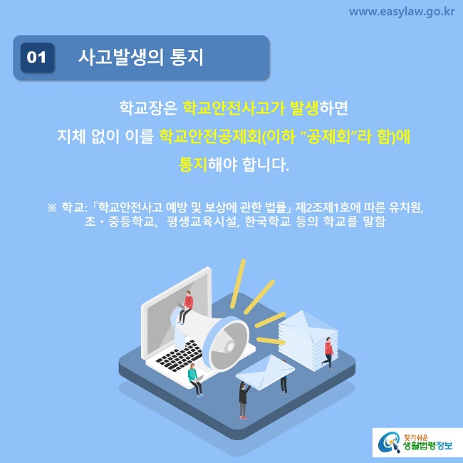 01 사고발생의 통지
학교장은 학교안전사고가 발생하면 
지체 없이 이를 학교안전공제회(이하 “공제회”라 함)에 
통지해야 합니다.
※ 학교: 「학교안전사고 예방 및 보상에 관한 법률」 제2조제1호에 따른 유치원, 초·중등학교,  평생교육시설, 한국학교 등의 학교를 말함
