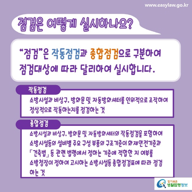 www.easylaw.go.kr 점검은 어떻게 실시하나요? “점검”은 작동점검과 종합점검으로 구분하여 점검대상에 따라 달리하여 실시합니다. 작동점검 소방시설과 비상구, 방화문 및 자동방화셔터를 인위적으로 조작하여 정상적으로 작동하는지를 점검하는 것 종합점검 소방시설과 비상구, 방화문 및 자동방화셔터의 작동기능점검을 포함하여 소방시설 설비별 주요 구성 부품의 구조기준이 화재안전기준과  「건축법」  등 관련 법령에서 정하는 기준에 적합한 지 여부를 소방청장이 정하여 고시하는 소방시설등 종합점검표에 따라 점검하는 것 