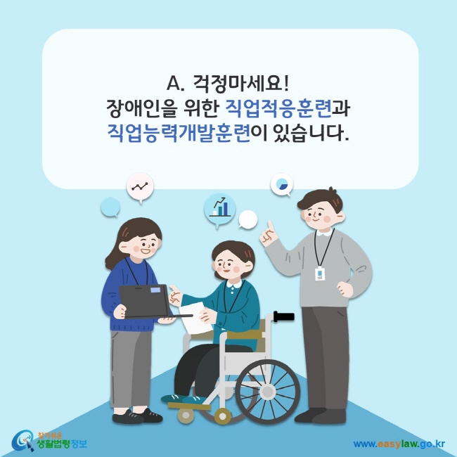 A. 걱정마세요! 장애인을 위한 직업적응훈련과 직업능력개발훈련이 있습니다. 찾기쉬운 생활법령정보(www.easylaw.go.kr)