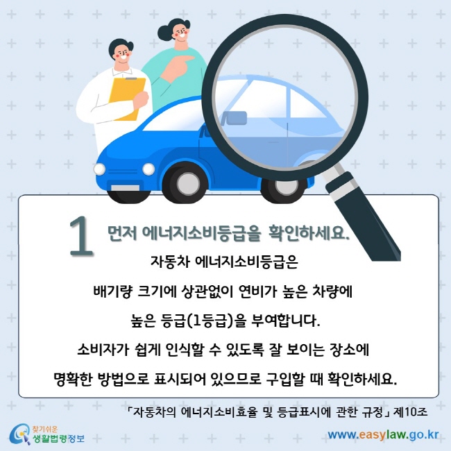 1. 먼저 에너지소비등급을 확인하세요. 자동차 에너지소비등급은 배기량 크기에 상관없이 연비가 높은 차량에 높은 등급(1등급)을 부여합니다. 소비자가 쉽게 인식할 수 있도록 잘 보이는 장소에 명확한 방법으로 표시되어 있으므로 구입할 때 확인하세요. 「자동차의 에너지소비효율 및 등급표시에 관한 규정」 제10조