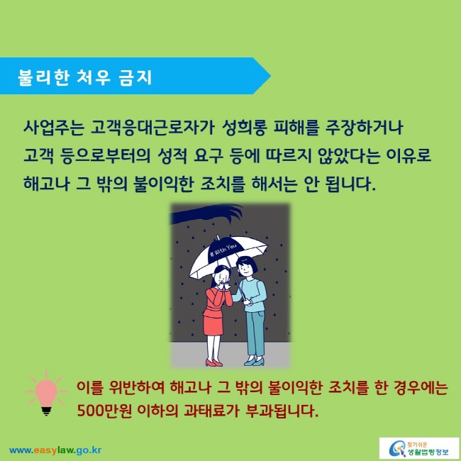 불리한 처우 금지

사업주는 고객응대근로자가 성희롱 피해를 주장하거나 고객 등으로부터의 성적 요구 등에 따르지 않았다는 이유로 해고나 그 밖의 불이익한 조치를 해서는 안 됩니다.

이를 위반하여 해고나 그 밖의 불이익한 조치를 한 경우에는 500만원 이하의 과태료가 부과됩니다. 