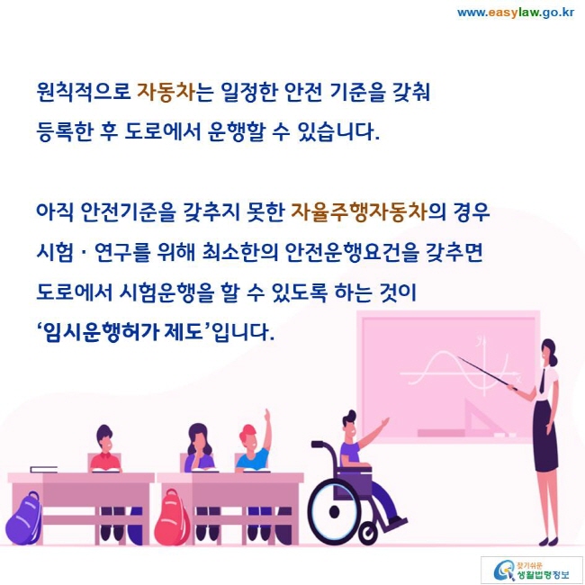 원칙적으로 자동차는 일정한 안전 기준을 갖춰 등록한 후 도로에서 운행할 수 있습니다. 

아직 안전기준을 갖추지 못한 자율주행자동차의 경우 시험ㆍ연구를 위해 최소한의 안전운행요건을 갖추면 도로에서 시험운행을 할 수 있도록 하는 것이 ‘임시운행허가 제도’입니다. 