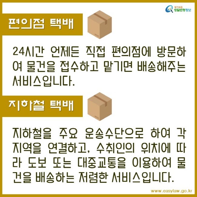 편의점택배24시간 언제든 직접 편의점에 방문하여 물건을 접수하고 맡기면 배송해주는 서비스입니다.지하철택배지하철을 주요 운송수단으로 하여 각 지역을 연결하고, 수취인의 위치에 따라 도보 또는 대중교통을 이용하여 물건을 배송하는 저렴한 서비스입니다.찾기쉬운생활법령정보www.easylaw.go.kr