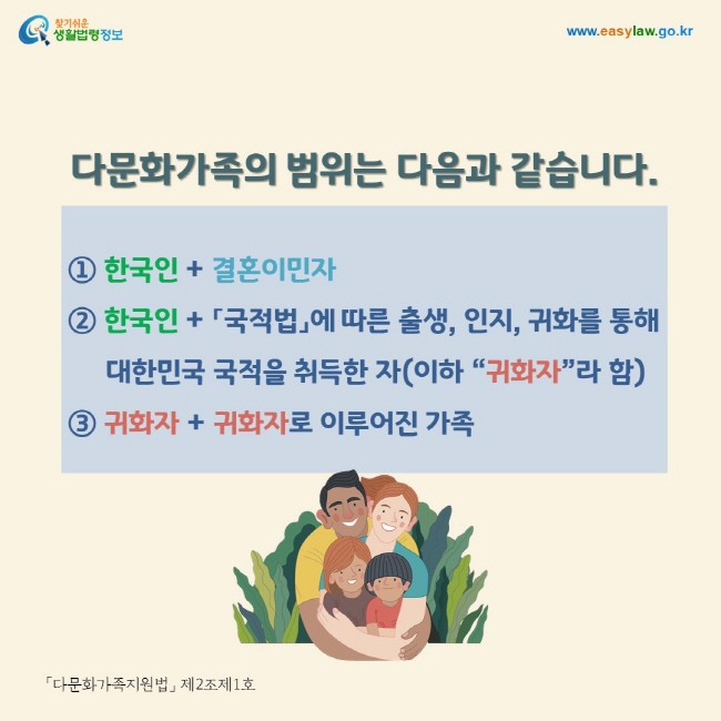 다문화가족의 범위는 다음과 같습니다.① 한국인 + 결혼이민자 ② 한국인 + 「국적법」에 따른 출생, 인지, 귀화를 통해      대한민국 국적을 취득한 자(이하 “귀화자”라 함) ③ 귀화자 + 귀화자로 이루어진 가족 「다문화가족지원법」 제2조제1호