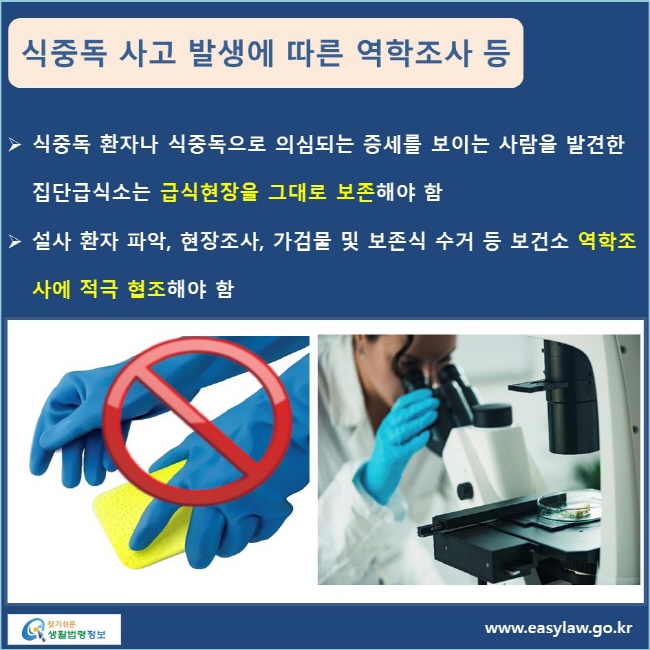 식중독 사고 발생에 따른 역학조사 등 식중독 환자나 식중독으로 의심되는 증세를 보이는 사람을 발견한 집단급식소는 급식현장을 그대로 보존해야 함 설사 환자 파악, 현장조사, 가검물 및 보존식 수거 등 보건소 역학조사에 적극 협조해야 함