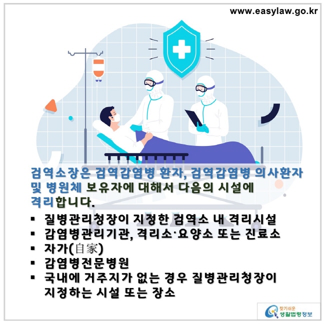 검역소장은 검역감염병 환자, 검역감염병 의사환자 및 병원체 보유자에 대해서 다음의 시설에 격리합니다.

질병관리청장이 지정한 검역소 내 격리시설
감염병관리기관, 격리소〮요양소 또는 진료소
자가(自家)
감염병전문병원
국내에 거주지가 없는 경우 질병관리청장이 지정하는 시설 또는 장소

찾기쉬운 생활법령정보