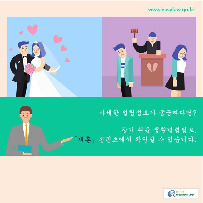 
찾기쉬운 생활법령정보
자세한 법령정보가 궁금하다면? 
찾기 쉬운 생활법령정보, 「재혼」콘텐츠에서 확인할 수 있습니다.  
www.easylaw.go.kr 