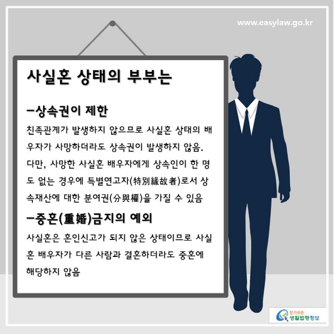 www.easylaw.go.kr 찾기쉬운생활법령정보 사실혼 상태의 부부는 
 -상속권이 제한 친족관계가 발생하지 않으므로 사실혼 상태의 배우자가 사망하더라도 상속권이 발생하지 않음. 다만, 사망한 사실혼 배우자에게 상속인이 한 명도 없는 경우에 특별연고자(特別緣故者)로서 상속재산에 대한 분여권(分與權)을 가질 수 있음 
-중혼(重婚)금지의 예외 사실혼은 혼인신고가 되지 않은 상태이므로 사실혼 배우자가 다른 사람과 결혼하더라도 중혼에 해당하지 않음 