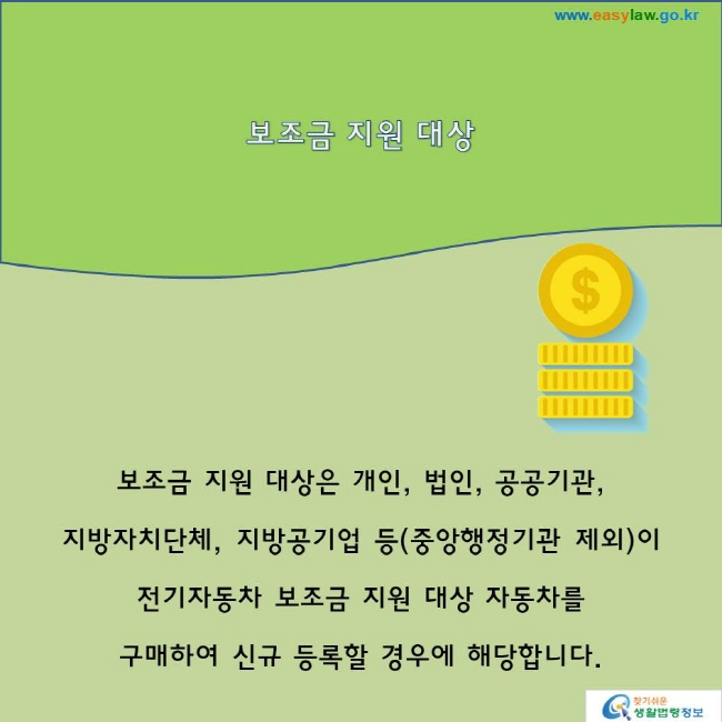 보조금 지원 대상보조금 지원 대상은 개인, 법인, 공공기관, 지방자치단체, 지방공기업 등(중앙행정기관 제외)이 전기자동차 보조금 지원 대상 자동차를 구매하여 신규 등록할 경우에 해당합니다.
