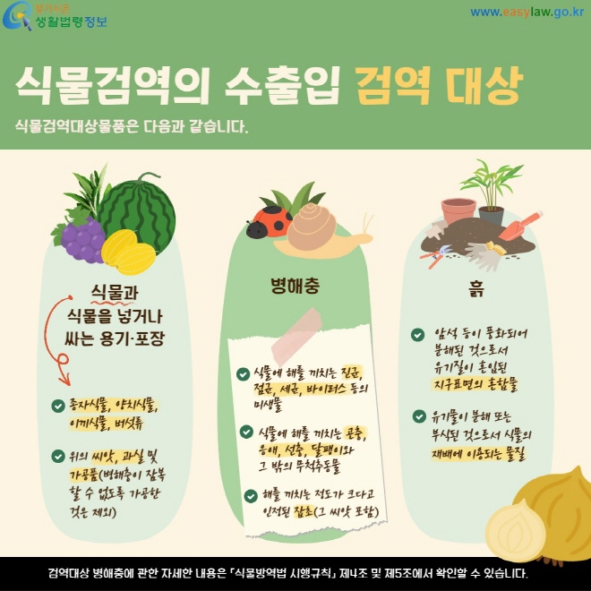 식물검역의 수출입 검역 대상 식물검역대상물품은 다음과 같습니다. 식물과 식물을 넣거나 싸는 용기·포장 종자식물, 양치식물, 이끼식물, 버섯류, 위의 씨앗, 과실 및 가공품(병해충이 잠복할 수 없도록 가공한 것은 제외) 병해충 식물에 해를 끼치는 진균, 점균, 세균, 바이러스 등의 미생물 식물에 해를 끼치는 곤충, 응애, 선충, 달팽이와  그 밖의 무척추동물 해를 끼치는 정도가 크다고 인정된 잡초(그 씨앗 포함) , 흙 암석 등이 풍화되어 분해된 것으로서  유기질이 혼입된  지구표면의 혼합물 유기물이 분해 또는  부식된 것으로서 식물의 재배에 이용되는 물질