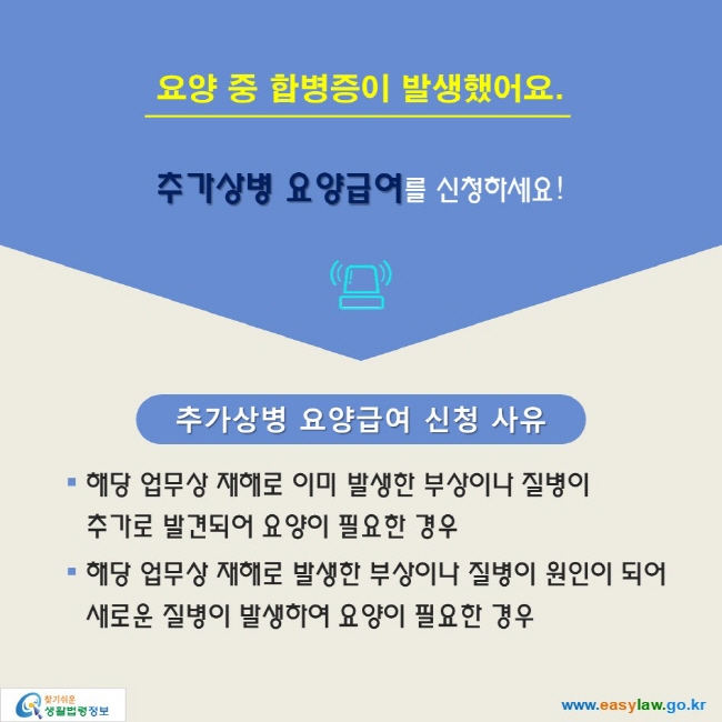 요양 중 합병증이 발생했어요.
추가상병 요양급여를 신청하세요!

추가상병 요양급여 신청 사유
● 해당 업무상 재해로 이미 발생한 부상이나 질병이 
추가로 발견되어 요양이 필요한 경우 
● 해당 업무상 재해로 발생한 부상이나 질병이 원인이 되어 
새로운 질병이 발생하여 요양이 필요한 경우