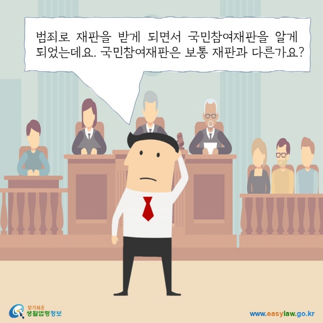 범죄로 재판을 받게 되면서 국민참여재판을 알게 되었는데요. 국민참여재판은 보통 재판과 다른가요? 찾기쉬운 생활법령정보 로고 www.easylaw.go.kr