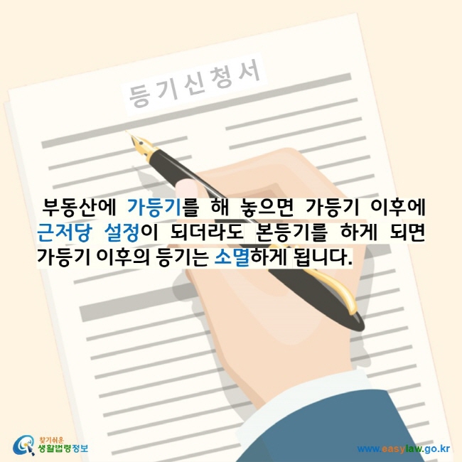 부동산에 가등기를 해 놓으면 가등기 이후에 근저당 설정이 되더라도 본등기를 하게 되면 가등기 이후의 등기는 소멸하게 됩니다. 찾기 쉬운 생활법령정보 로고 www.easylaw.go.kr