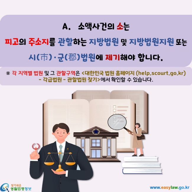 소액사건의 소는  피고의 주소지를 관할하는 지방법원 및 지방법원지원 또는  시(市)·군(郡)법원에 제기해야 합니다.