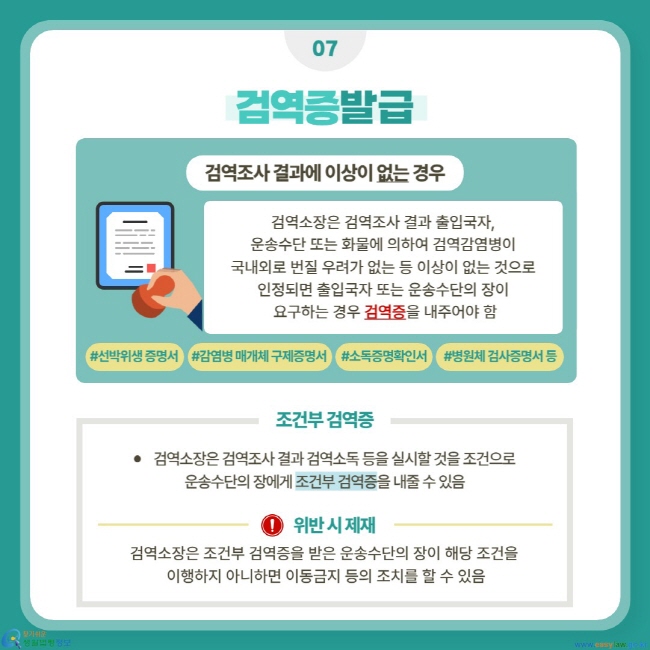 검역조사 결과에 이상이 없는 경우 - 검역소장은 검역조사 결과 출입국자, 운송수단 또는 화물에 의하여 검역감염병이 국내외로 번질 우려가 없는 등 이상이 없는 것으로 인정되면 출입국자 또는 운송수단의 장이 요구하는 경우 검역증을 내주어야 함(#선박위생 증명서, #감염병 매개체 구제증명서, #소독증명확인서, #병원체 검사증명서 등). 조건부 검역증:  검역소장은 검역조사 결과 검역소독 등을 실시할 것을 조건으로 운송수단의 장에게 조건부 검역증을 내줄 수 있음. 위반 시 제재: 검역소장은 조건부 검역증을 받은 운송수단의 장이 해당 조건을 이행하지 아니하면 이동금지 등의 조치를 할 수 있음