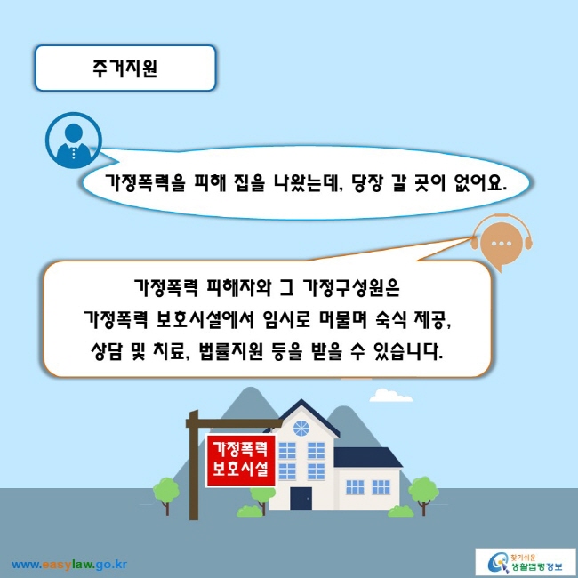 주거지원

가정폭력을 피해 집을 나왔는데, 당장 갈 곳이 없어요.
가정폭력 피해자와 그 가정구성원은 가정폭력 보호시설에서 임시로 머물며 숙식 제공, 상담 및 치료, 법률지원 등을 받을 수 있습니다.