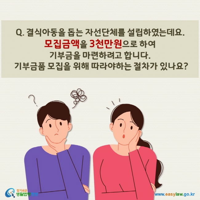 결식아동을 돕는 자선단체를 설립하였는데요.  모집금액을 3천만원으로 하여  기부금을 마련하려고 합니다.  기부금품 모집을 위해 따라야하는 절차가 있나요?