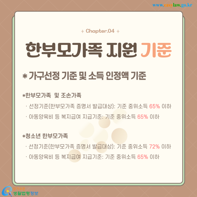 * 가구선정 기준 및 소득 인정액 기준 &nbsp;&nbsp; *한부모가족&nbsp; 및 조손가족 &nbsp;ㆍ선정기준(한부모가족 증명서 발급대상): 기준 중위소득 65% 이하 &nbsp;ㆍ아동양육비 등 복지급여 지급기준: 기준 중위소득 65% 이하  *청소년 한부모가족 &nbsp;ㆍ선정기준(한부모가족 증명서 발급대상): 기준 중위소득 72% 이하 &nbsp;ㆍ아동양육비 등 복지급여 지급기준: 기준 중위소득 65% 이하