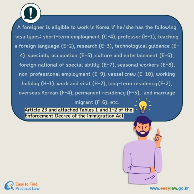 A foreigner is eligible to work in Korea if he/she has the following visa types: short-term employment (C-4), professor (E-1), teaching a foreign language (E-2), research (E-3), technological guidance (E-4), specialty occupation (E-5), culture and entertainment (E-6), foreign national of special ability (E-7), seasonal workers (E-8), non-professional employment (E-9), vessel crew (E-10), working holiday (H-1), work and visit (H-2), long-term residency (F-2), overseas Korean (F-4), permanent residency (F-5),  and marriage migrant (F-6), etc. Article 23 and attached Tables 1 and 1-2 of the Enforcement Decree of the Immigration Act