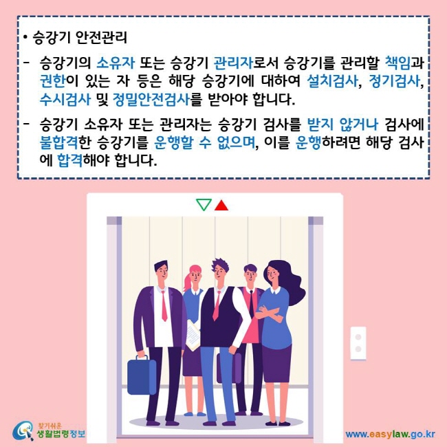 승강기 안전관리 승강기의 소유자 또는 승강기 관리자로서 승강기를 관리할 책임과 권한이 있는 자 등은 해당 승강기에 대하여 설치검사, 정기검사, 수시검사 및 정밀안전검사를 받아야 합니다. 승강기 소유자 또는 관리자는 승강기 검사를 받지 않거나 검사에 불합격한 승강기를 운행할 수 없으며, 이를 운행하려면 해당 검사에 합격해야 합니다. 찾기쉬운 생활법령정보 로고 www.easylaw.go.kr