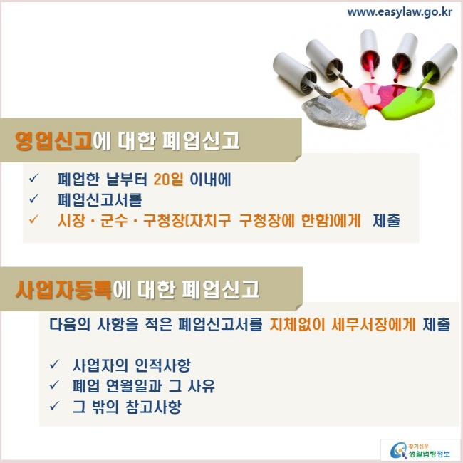 www.easylaw.go.kr 영업신고에 대한 폐업신고 √ 폐업한 날부터 20일 이내에 √ 폐업신고서를 √ 시장ㆍ군수ㆍ구청장(자치구 구청장에 한함)에게  제출 사업자등록에 대한 폐업신고: 다음의 사항을 적은 폐업신고서를 지체없이 세무서장에게 제출 √ 사업자의 인적사항 √ 폐업 연월일과 그 사유 √ 그 밖의 참고사항 