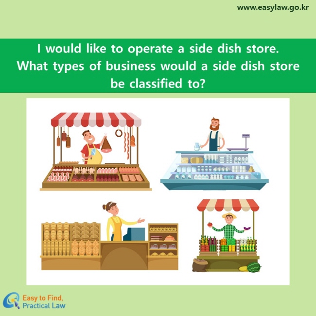I would like to operate a side dish store.
What types of business would a side dish store be classified to? 