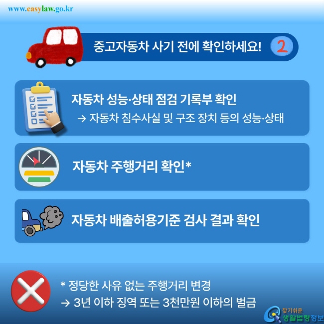 자동차 성능·상태 점검 기록부 확인, 자동차 주행거리 확인, 자동차 배출허용기준 검사 결과 확인