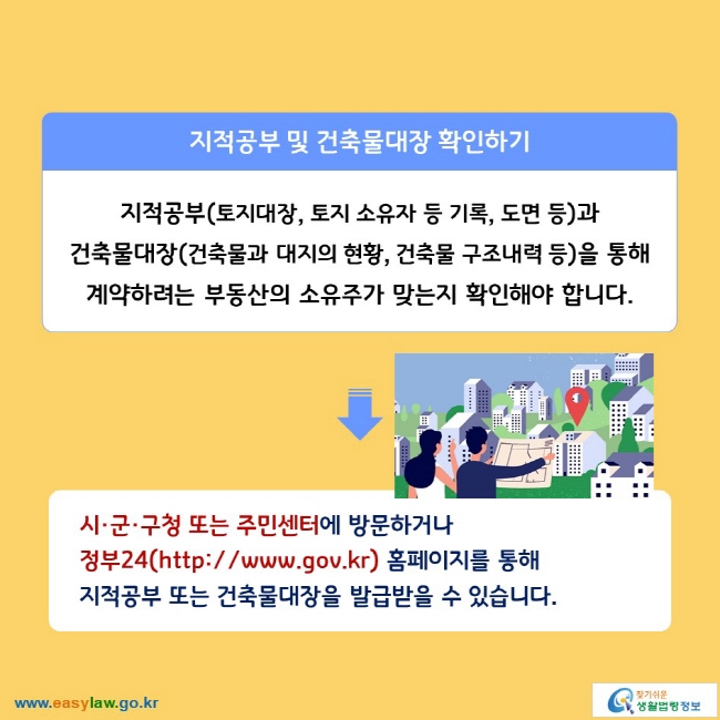 지적공부 및 건축물대장 확인하기
지적공부(토지대장, 토지 소유자 등 기록, 도면 등)과 건축물대장(건축물과 대지의 현황, 건축물 구조내력 등)을 통해 계약하려는 부동산의 소유주가 맞는지 확인해야 합니다.
→
시·군·구청 또는 주민센터에 방문하거나 정부24(https://www.gov.kr) 홈페이지를 통해
지적공부 또는 건축물대장을 발급받을 수 있습니다. 