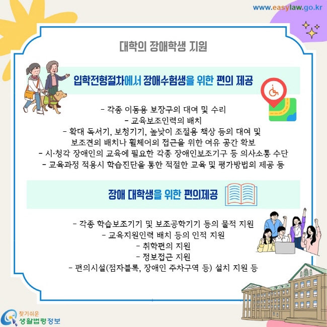 대학의 장애학생 지원. 입학전형절차에서 장애수험생을 위한 편의 제공 - 각종 이동용 보장구의 대여 및 수리 - 교육보조인력의 배치 - 확대 독서기, 보청기기, 높낮이 조절용 책상 등의 대여 및  보조견의 배치나 휠체어의 접근을 위한 여유 공간 확보 - 시·청각 장애인의 교육에 필요한 각종 장애인보조기구 등 의사소통 수단 - 교육과정 적용시 학습진단을 통한 적절한 교육 및 평가방법의 제공 등. 장애 대학생을 위한 편의제공 - 각종 학습보조기기 및 보조공학기기 등의 물적 지원 - 교육지원인력 배치 등의 인적 지원 - 취학편의 지원 - 정보접근 지원 - 편의시설(점자블록, 장애인 주차구역 등) 설치 지원 등