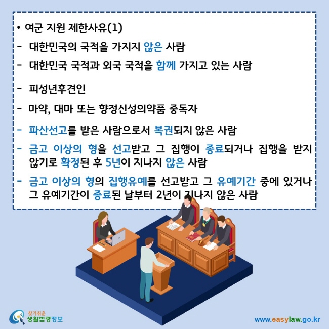 여군 지원 제한사유(1)대한민국의 국적을 가지지 않은 사람대한민국 국적과 외국 국적을 함께 가지고 있는 사람피성년후견인마약, 대마 또는 향정신성의약품 중독자파산선고를 받은 사람으로서 복권되지 않은 사람금고 이상의 형을 선고받고 그 집행이 종료되거나 집행을 받지 않기로 확정된 후 5년이 지나지 않은 사람금고 이상의 형의 집행유예를 선고받고 그 유예기간 중에 있거나 그 유예기간이 종료된 날부터 2년이 지나지 않은 사람
