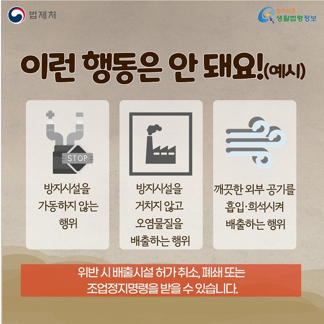 이런 행동은 안 돼요!(예시) 1. 방지시설을&nbsp;가동하지 않는행위, 2. 방지시설을&nbsp; 거치지&nbsp;않고&nbsp;오염물질을&nbsp;배출하는 행위, 3. 깨끗한 외부 공기를&nbsp;흡입·희석시켜&nbsp; 배출하는 행위. 위반 시 배출시설 허가 취소, 폐쇄 또는&nbsp;조업정지명령을 받을 수 있습니다. 