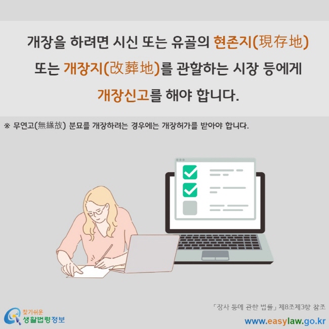 개장을 하려면 시신 또는 유골의 현존지(現存地) 또는 개장지(改葬地)를 관할하는 시장 등에게 개장신고를 해야 합니다. ※ 무연고(無緣故) 분묘를 개장하려는 경우에는 개장허가를 받아야 합니다. 「장사 등에 관한 법률」 제8조제3항 참조