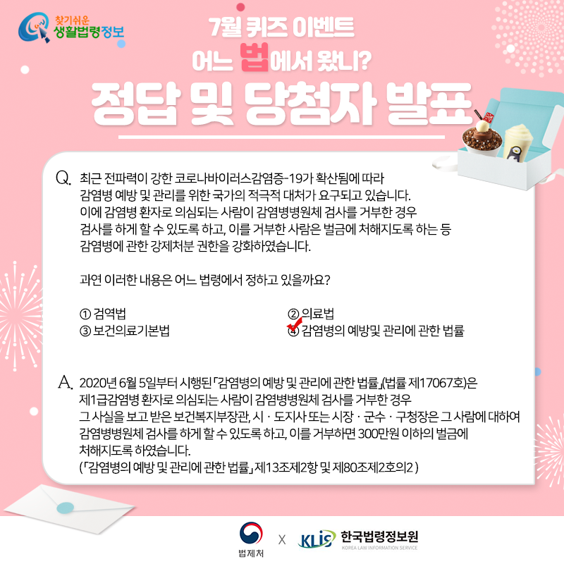 찾기 쉬운 생활법령정보 7월 퀴즈 이벤트
어느 법에서 왔니?
정답 및 당첨자 발표

Q. 최근 전파력이 강한 코로나바이러스감염증-19가 확산됨에 따라 감염병 예방 및 관리를 위한 국가의 적극적 대처가 요구되고 있습니다. 이에 감염병 환자로 의심되는 사람이 감염병병원체 검사를 거부한 경우 검사를 하게 할 수 있도록 하고, 이를 거부한 사람은 벌금에 처해지도록 하는 등 감염병에 관한 강제처분 권한을 강화하였습니다.

   과연 이러한 내용은 어느 법령에서 정하고 있을까요?

   ① 검역법
   ② 의료법
   ③ 보건의료기본법
   ④ 감염병의 예방 및 관리에 관한 법률

정답: ④ 감염병의 예방 및 관리에 관한 법률


2020년 6월 5일부터 시행된 「감염병의 예방 및 관리에 관한 법률」(법률 제17067호)은 제1급감염병 환자로 의심되는 사람이 감염병병원체 검사를 거부한 경우 그 사실을 보고 받은 보건복지부장관, 시ㆍ도지사 또는 시장ㆍ군수ㆍ구청장은 그 사람에 대하여 감염병병원체 검사를 하게 할 수 있도록 하고, 이를 거부하면 300만원 이하의 벌금에 처해지도록 하였습니다(「감염병의 예방 및 관리에 관한 법률」 제13조제2항 및 제80조제2호의2).

법제처 한국법령정보원