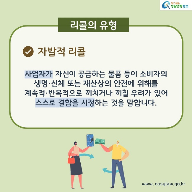 리콜의 유형 1. 자발적 리콜 : 사업자가 자신이 공급하는 물품 등이 소비자의 생명·신체 또는 재산상의 안전에 위해를 계속적·반복적으로 끼치거나 끼칠 우려가 있어 스스로 결함을 시정하는 것을 말합니다.