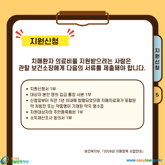 치매환자 의료비를 지원받으려는 사람은&nbsp; 관할 보건소장에게 다음의 서류를 제출해야 합니다.