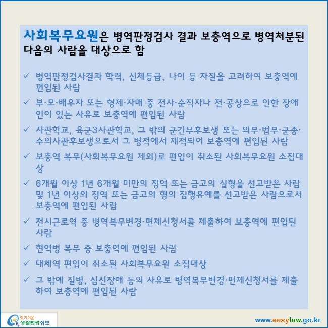 www.easylaw.go.kr 사회복무요원은 병역판정검사 결과 보충역으로 병역처분된 다음의 사람을 대상으로 함 √ 병역판정검사결과 학력, 신체등급, 나이 등 자질을 고려하여 보충역에 편입된 사람 √ 부·모·배우자 또는 형제·자매 중 전사·순직자나 전·공상으로 인한 장애인이 있는 사유로 보충역에 편입된 사람 √ 사관학교, 육군3사관학교, 그 밖의 군간부후보생 또는 의무·법무·군종·수의사관후보생으로서 그 병적에서 제적되어 보충역에 편입된 사람 √ 보충역 복무(사회복무요원 제외)로 편입이 취소된 사회복무요원 소집대상 √ 6개월 이상 1년 6개월 미만의 징역 또는 금고의 실형을 선고받은 사람 및 1년 이상의 징역 또는 금고의 형의 집행유예를 선고받은 사람으로서 보충역에 편입된 사람 √ 전시근로역 중 병역복무변경·면제신청서를 제출하여 보충역에 편입된 사람 √ 현역병 복무 중 보충역에 편입된 사람 √ 대체역 편입이 취소된 사회복무요원 소집대상 √ 그 밖에 질병, 심신장애 등의 사유로 병역복무변경·면제신청서를 제출하여 보충역에 편입된 사람