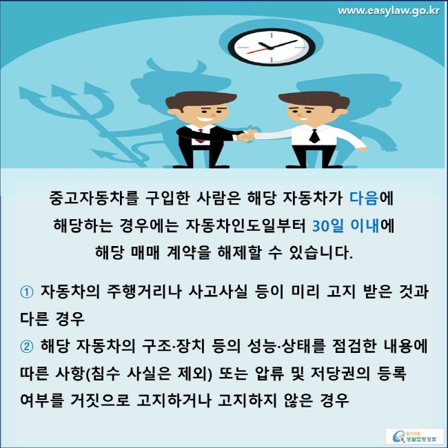 중고자동차를 구입한 사람은 해당 자동차가 다음에  해당하는 경우에는 자동차인도일부터 30일 이내에  해당 매매 계약을 해제할 수 있습니다.