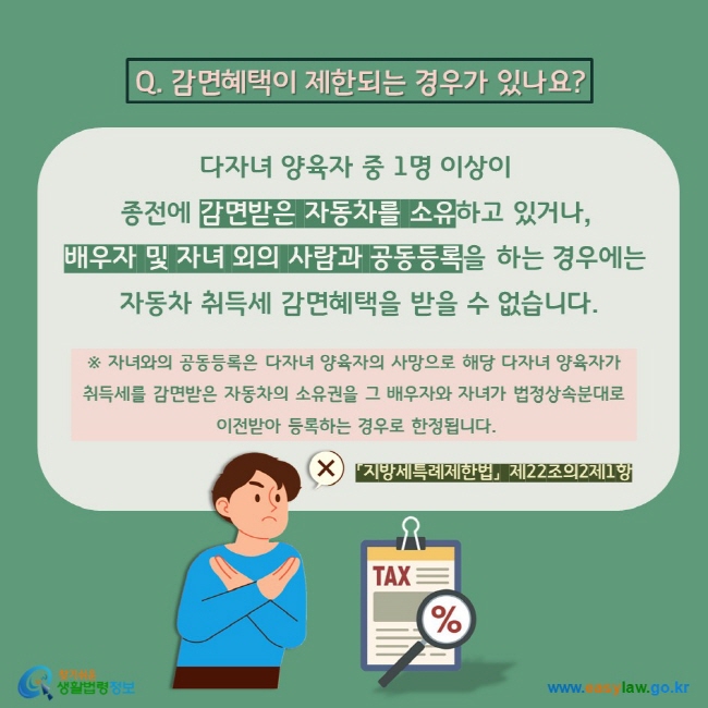 Q. 감면혜택이 제한되는 경우가 있나요? 다자녀 양육자 중 1명 이상이  종전에 감면받은 자동차를 소유하고 있거나,  배우자 및 자녀 외의 사람과 공동등록을 하는 경우에는  자동차 취득세 감면혜택을 받을 수 없습니다.  ※ 자녀와의 공동등록은 다자녀 양육자의 사망으로 해당 다자녀 양육자가  취득세를 감면받은 자동차의 소유권을 그 배우자와 자녀가 법정상속분대로  이전받아 등록하는 경우로 한정됩니다. 「지방세특례제한법」 제22조의2제1항