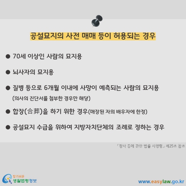 공설묘지의 사전 매매 등이 허용되는 경우 70세 이상인 사람의 묘지용 뇌사자의 묘지용 질병 등으로 6개월 이내에 사망이 예측되는 사람의 묘지용(의사의 진단서를 첨부한 경우만 해당) 합장(合葬)을 하기 위한 경우(매장된 자의 배우자에 한정) 공설묘지 수급을 위하여 지방자치단체의 조례로 정하는 경우 「장사 등에 관한 법률 시행령」 제25조 참조