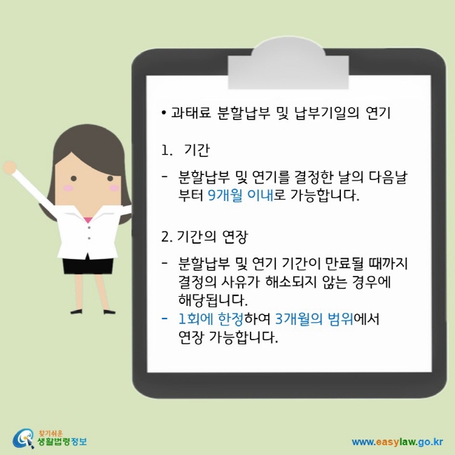 • 과태료 분할납부 및 납부기일의 연기
1. 기간 
분할납부 및 연기를 결정한 날의 다음날 부터 9개월 이내로 가능합니다. 
2. 기간의 연장
분할납부 및 연기 기간이 만료될 때까지 결정의 사유가 해소되지 않는 경우에 해당됩니다.
1회에 한정하여 3개월의 범위에서 연장 가능합니다.
찾기쉬운 생활법령정보 로고 
www.easylaw.go.kr