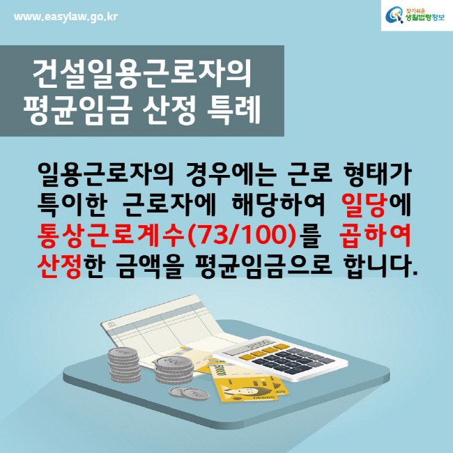 www.easylaw.go.kr찾기쉬운생활법령정보건설일용근로자의 평균임금 산정 특례일용근로자의 경우에는 근로 형태가 특이한 근로자에 해당하여 일당에 통상근로계수(73/100)를 곱하여 산정한 금액을 평균임금으로 합니다.