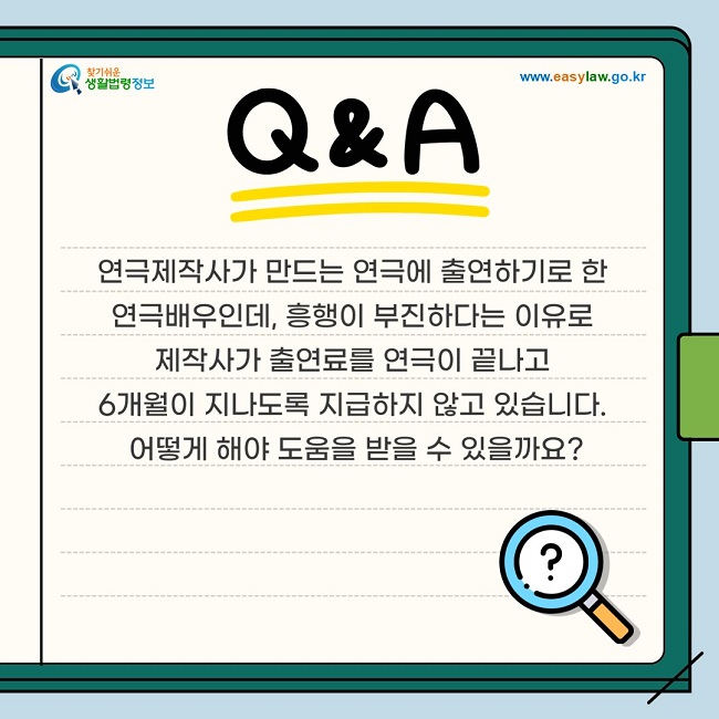 연극제작사가 만드는 연극에 출연하기로 한 연극배우인데, 흥행이 부진하다는 이유로 제작사가 출연료를 연극이 끝나고 6개월이 지나도록 지급하지 않고 있습니다. 어떻게 해야 도움을 받을 수 있을까요?