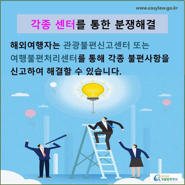 각종 센터를 통한 분쟁해결: 해외여행자는 관광불편신고센터 또는 여행불편처리센터를 통해 각종 불편사항을  신고하여 해결할 수 있습니다.
