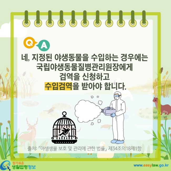 네, 지정된 야생동물을 수입하는 경우에는 국립야생동물질병관리원장에게 검역을 신청하고 수입검역을 받아야 합니다. 출처: 「야생생물 보호 및 관리에 관한 법률」 제34조의18제1항