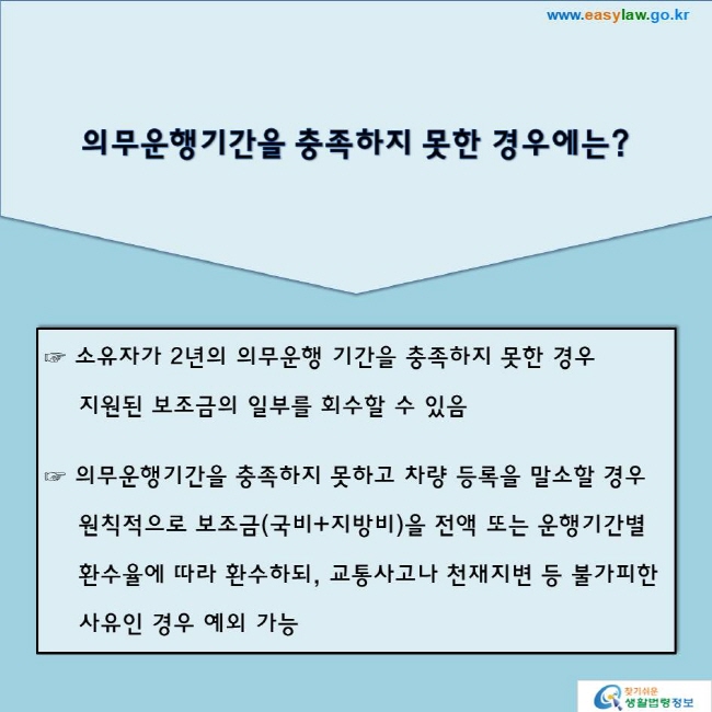 의무운행기간을 충족하지 못한 경우에는?소유자가 2년의 의무운행 기간을 충족하지 못한 경우 지원된 보조금의 일부를 회수할 수 있음의무운행기간을 충족하지 못하고 차량 등록을 말소할 경우 원칙적으로 보조금(국비+지방비)을 전액 또는 운행기간별  환수율에 따라 환수하되, 교통사고나 천재지변 등 불가피한 사유인 경우 예외 가능